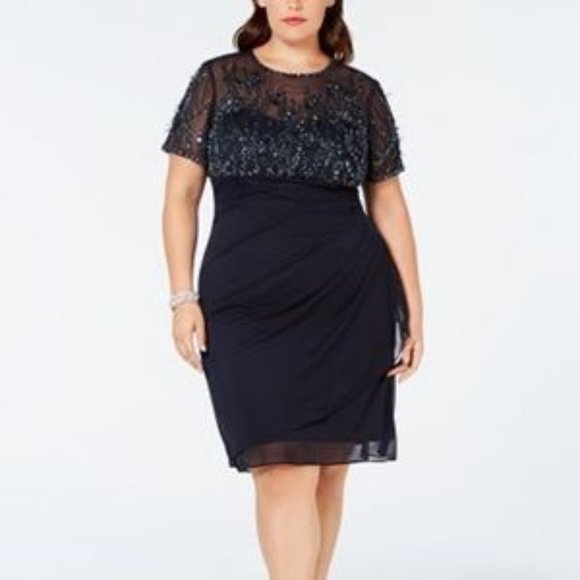 Navy Prom Dress Beaded Ruched Shift Sheer 14W New! - Picture 1 of 6